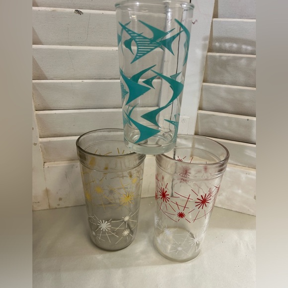 3 Vintage 50s 60s atomic drink glass Starburst Boomerang Teal Red Yellow MCM - Picture 2 of 16